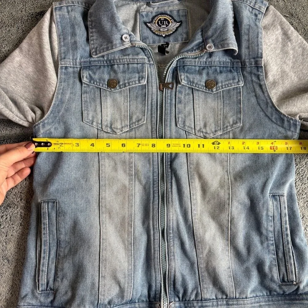 Urban Republic Kids Blue Denim Hybrid Hoodie Jacket Gray Moto Sleeves Size 14/16